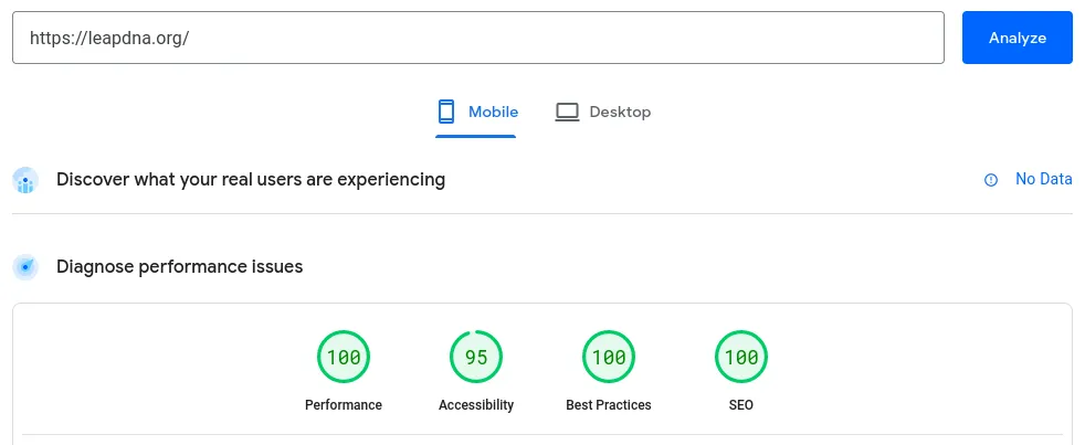 A screenshot of the summary section of PageSpeed insights